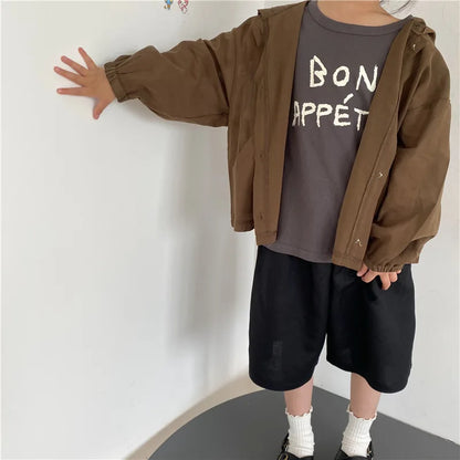 -キッズアウター サマーフーディジャケット カーディガン 日除け 冷房対策 バックロゴプリント 3カラー - mamahalo shop - ショートコート・ジャケット・ジャンパー -  べビー服 - 子供服 - 男の子 - 女の子