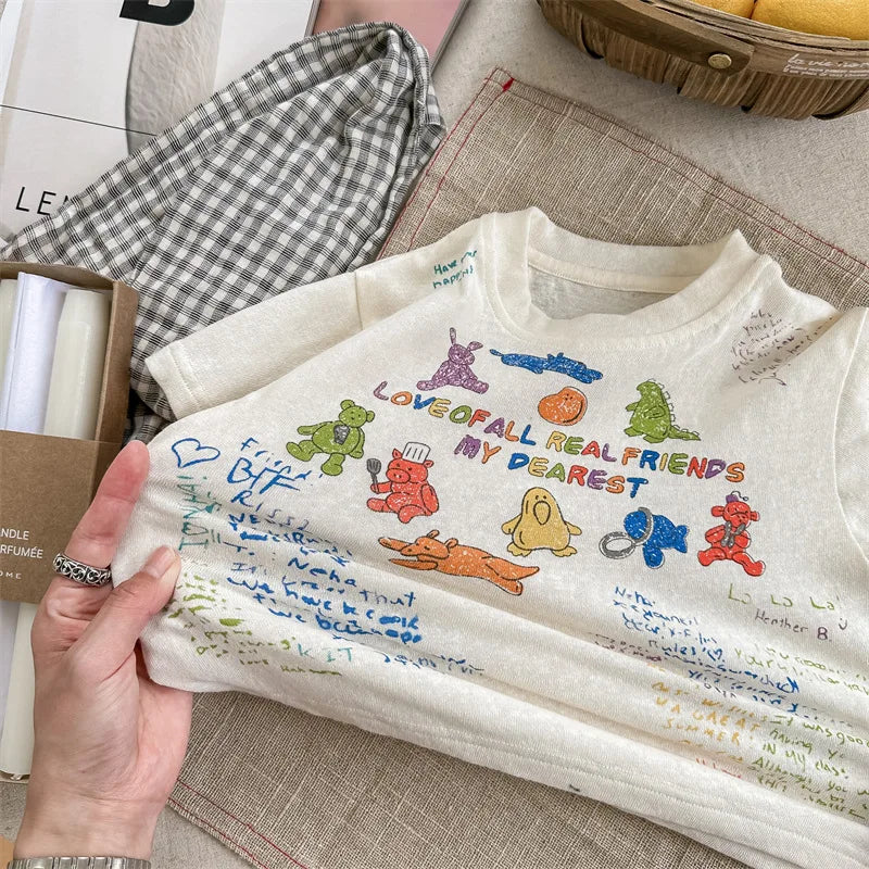 -キッズトップス 半袖Tシャツ カラフルレター ベアくまお絵描きプリント 2カラー - mamahalo shop - 半袖Tシャツ -  べビー服 - 子供服 - 男の子 - 女の子