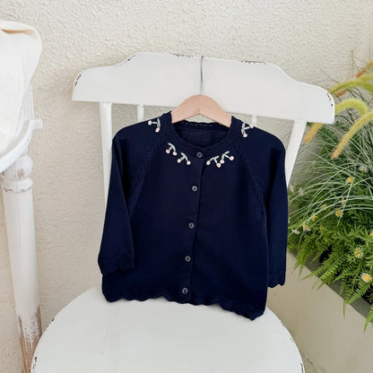 -キッズカーディガン フラワー花柄刺繍ワンポイントニットジャケット 2カラー - mamahalo shop - カーディガン・パーカー -  べビー服 - 子供服 - 男の子 - 女の子