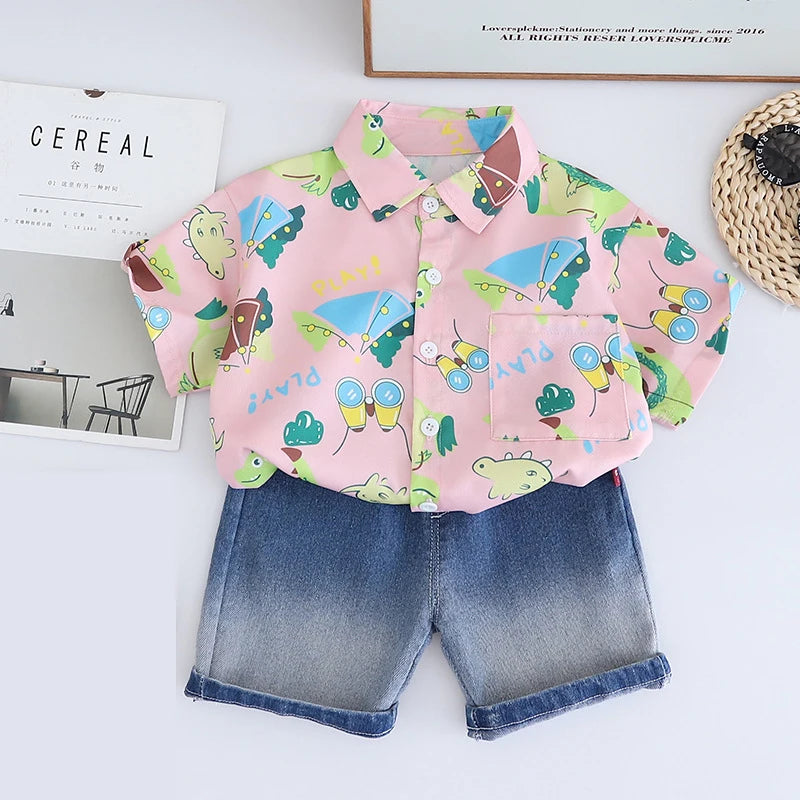 -キッズセットアップ 2点セット 半袖プリントシャツ+デニムハーフパンツ 2カラー【mh0006164】 - mamahalo shop - 半袖セットアップ -  べビー服 - 子供服 - 男の子 - 女の子