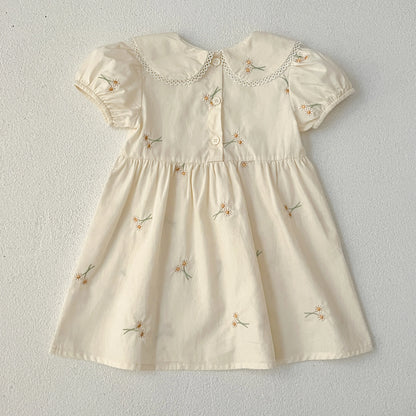 -キッズワンピース 半袖パフスリーブ フラワー花柄刺繍 丸襟 2カラー【mh0005874】 - mamahalo shop - 半袖ワンピース -  べビー服 - 子供服 - 男の子 - 女の子