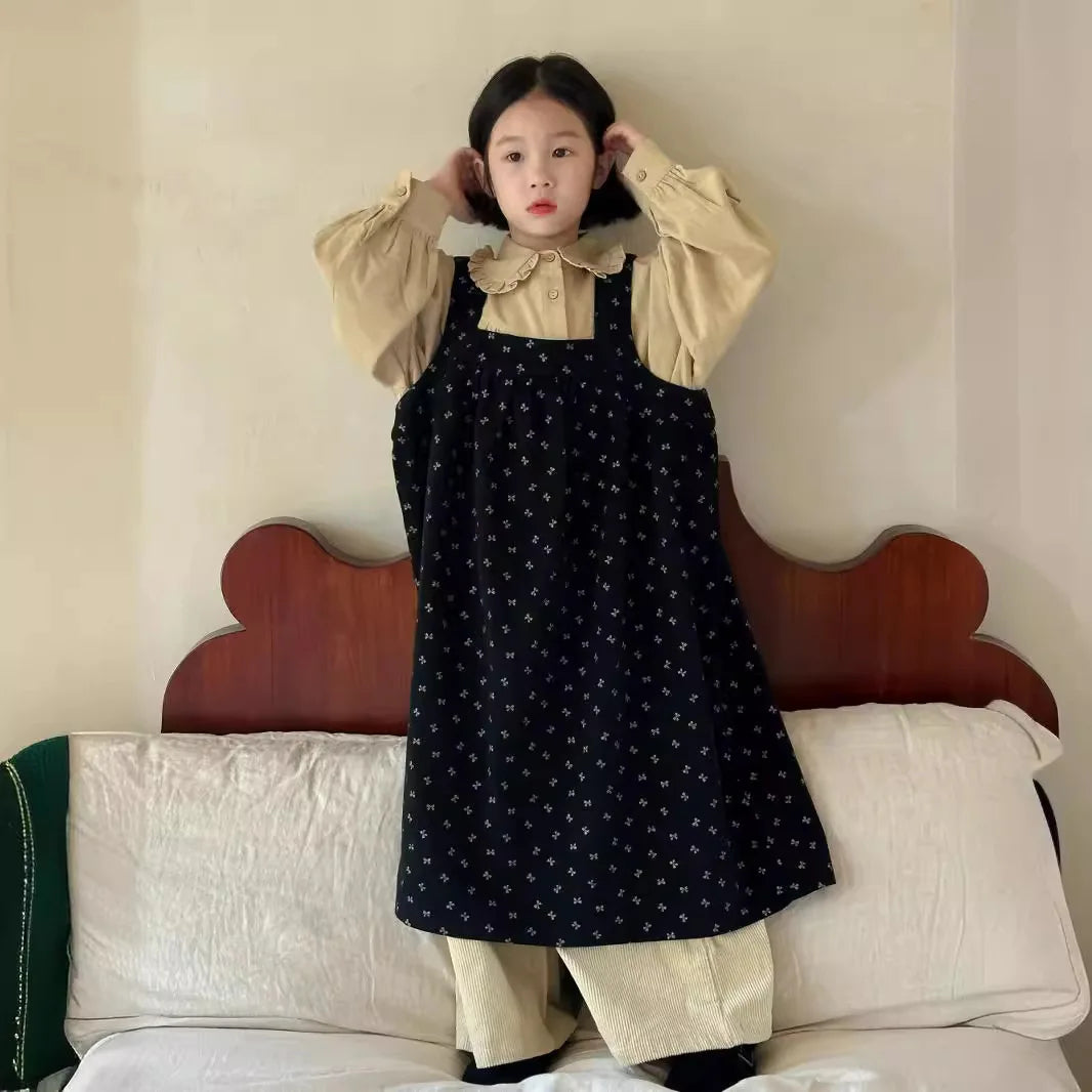 -キッズトップス/ワンピース フリル丸襟シャツブラウス/フラワープリントサスペンダーワンピース【mh0007421】 - mamahalo shop - 長袖セットアップ -  べビー服 - 子供服 - 男の子 - 女の子