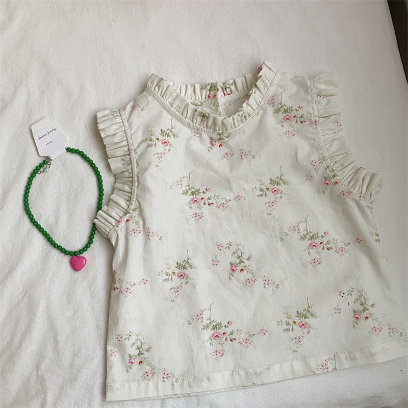 -キッズ フラワー 小花柄 無地 ラッフルフリル ノースリーブ ブラウス トップス アプリコットベージュ ホワイト ガールズ - mamahalo shop - タンクトップ・キャミソール・ノースリーブトップス -  べビー服 - 子供服 - 男の子 - 女の子