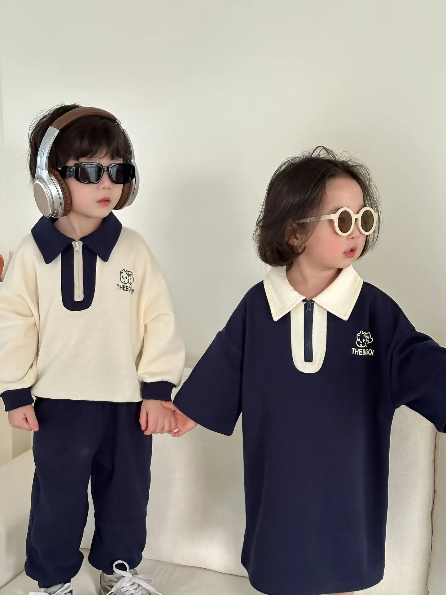 -キッズセットアップ 2点セット ワンピース 長袖ラペルトレーナーセット 長袖ワンピース リンクコーデ 兄弟姉妹 お揃いコーデ - mamahalo shop - 長袖セットアップ -  べビー服 - 子供服 - 男の子 - 女の子