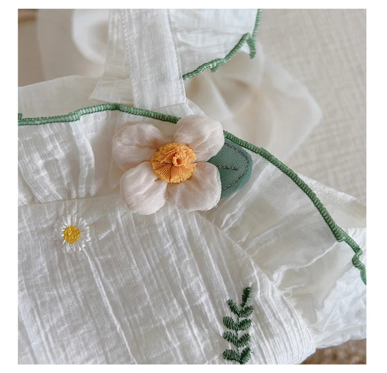 -ベビーロンパース ショルダーフリル ノースリーブボディスーツ リーフフラワー刺繍 ホワイト【mh0005356】 - mamahalo shop - ノースリーブロンパース -  べビー服 - 子供服 - 男の子 - 女の子