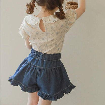 -キッズパンツ デニム フリルリボン ショートパンツ 2カラー【mh0006242】 - mamahalo shop - ハーフパンツ・ショートパンツ -  べビー服 - 子供服 - 男の子 - 女の子