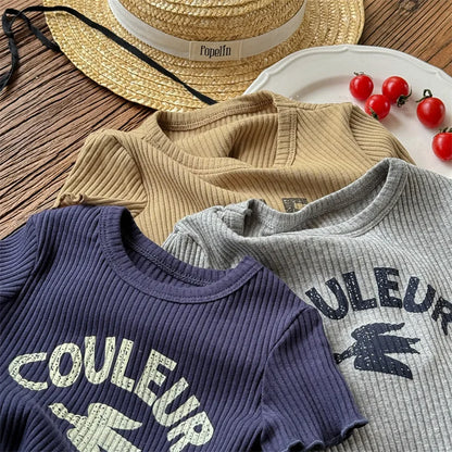 -キッズトップス 半袖リブTシャツ レターロゴプリント 3カラー - mamahalo shop - 半袖Tシャツ -  べビー服 - 子供服 - 男の子 - 女の子