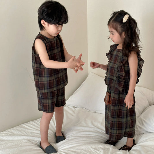 -キッズセットアップ 2点セット ボーイズ タンクトップ+ショートパンツ/ガールズフリルノースリーブブラウス+ロングワイドパンツ チェック リンクコーデ 兄弟姉妹 お揃いコーデ【mh0004647】 - mamahalo shop - ノースリーブセットアップ -  べビー服 - 子供服 - 男の子 - 女の子