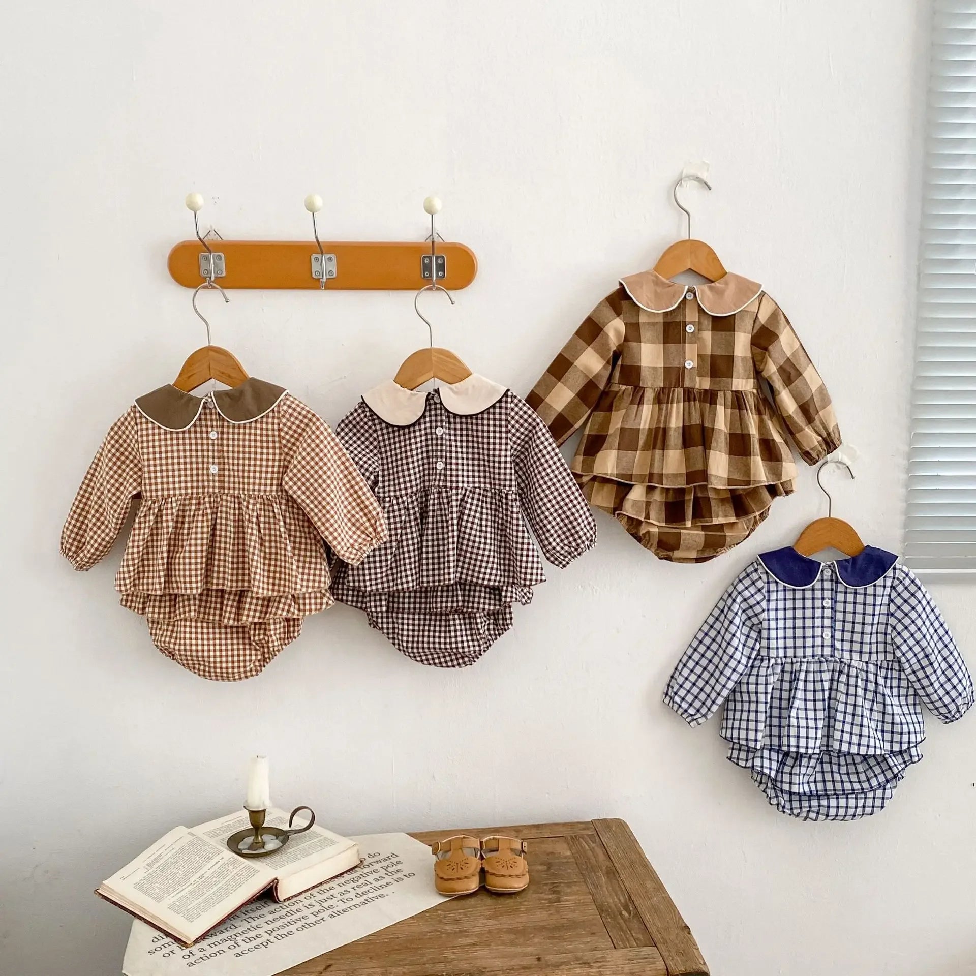 -ベビーキッズセットアップ 2点セット フラワー刺繍襟長袖チュニックブラウス+フリルスカートブルマパンツ チェック4カラー - mamahalo shop - 長袖セットアップ -  べビー服 - 子供服 - 男の子 - 女の子