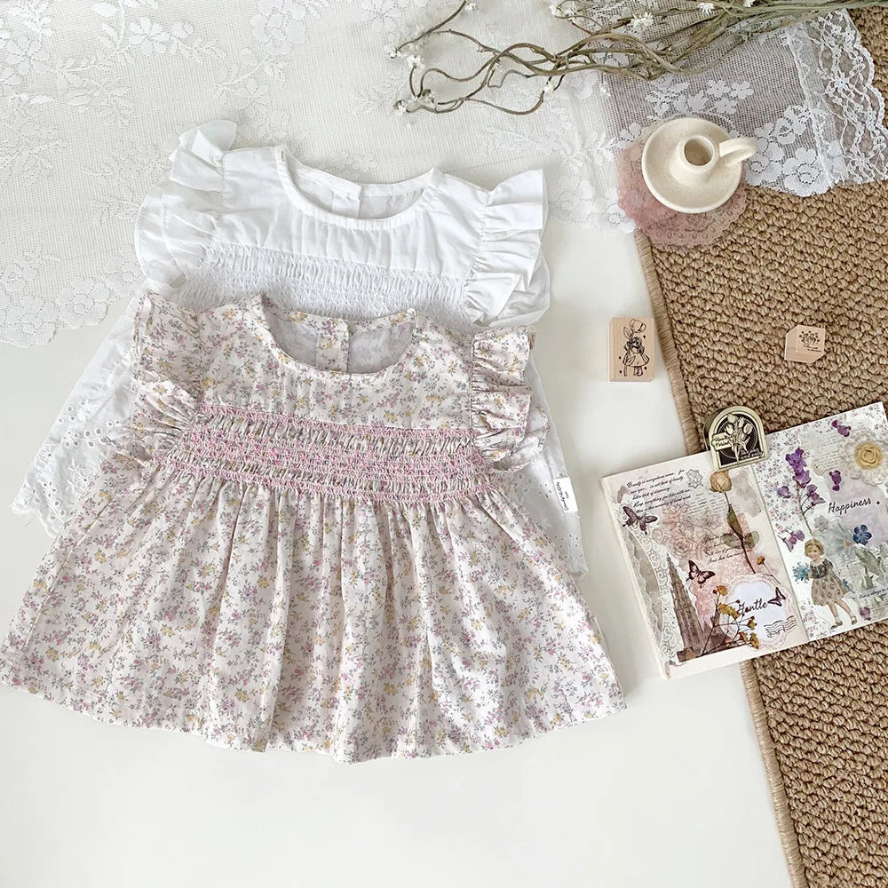 -ベビーキッズトップス フリルスリーブチュニックブラウス 無地/フラワー花柄プリント - mamahalo shop - 半袖シャツ・ブラウス -  べビー服 - 子供服 - 男の子 - 女の子