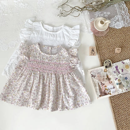 -ベビーキッズトップス フリルスリーブチュニックブラウス 無地/フラワー花柄プリント - mamahalo shop - 半袖シャツ・ブラウス -  べビー服 - 子供服 - 男の子 - 女の子