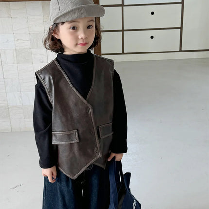 キッズベスト フェイクレザー前あきプレッピーウェストコートベスト - mamahalo shop - ベスト -  べビー服 - 子供服 - 男の子 - 女の子