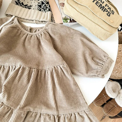 -キッズ 長袖ワンピース コーデュロイ ドレスワンピース カーキ ネイビーブルー 2カラー ガールズ 女の子 子供服 - mamahalo shop - 長袖ワンピース -  べビー服 - 子供服 - 男の子 - 女の子