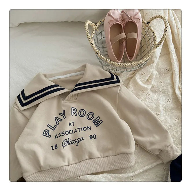 -キッズトップス セーラーカラー 長袖スウェットシャツ レターロゴプリント ベージュ/ネイビー/2カラー - mamahalo shop - 長袖Tシャツ -  べビー服 - 子供服 - 男の子 - 女の子