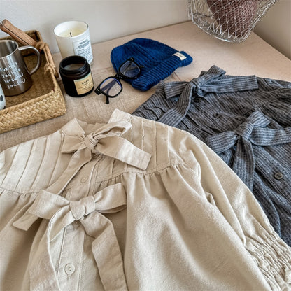 -キッズ ストライプ ピンタック リボン ルーズ 長袖 ブラウス シャツ ジャケット ガールズ - mamahalo shop - ショートコート・ジャケット・ジャンパー -  べビー服 - 子供服 - 男の子 - 女の子