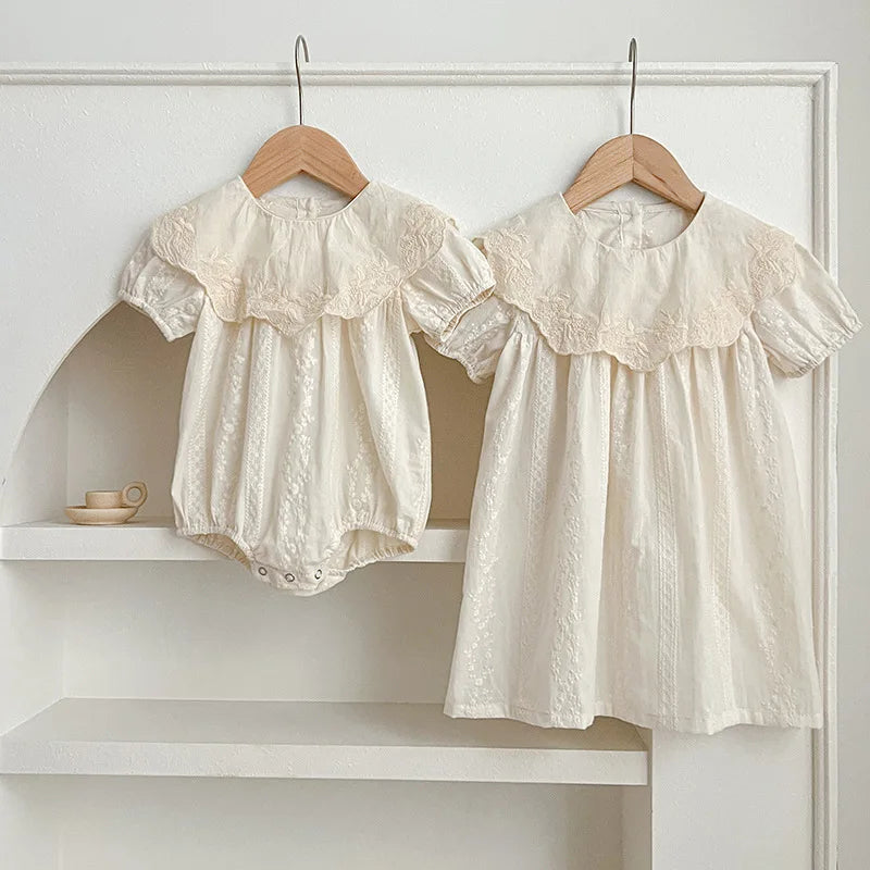 -ベビーロンパース/キッズワンピース 半袖 ビッグ襟 レースフラワー花柄刺繍 リンクコーデ 姉妹 お揃いコーデ【mh0005325】 - mamahalo shop - 半袖ロンパース -  べビー服 - 子供服 - 男の子 - 女の子