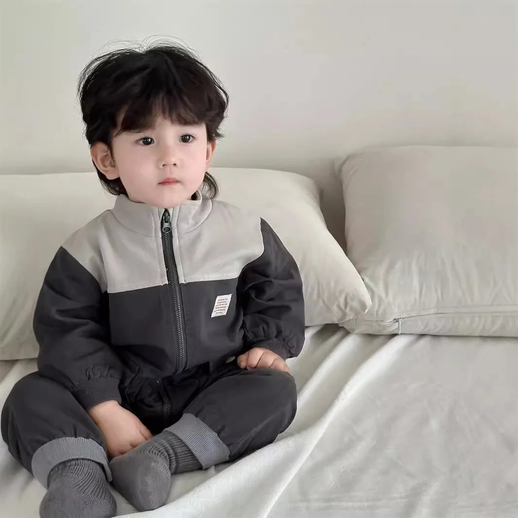 -ベビージャンプスーツ パッチワーク切り替えジップアップ長袖ジャンプスーツつなぎ グレー - mamahalo shop - 長袖ジャンプスーツ -  べビー服 - 子供服 - 男の子 - 女の子