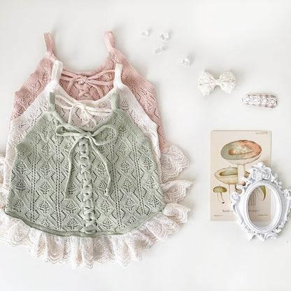 -ベビー キッズ サマーニット 編み上げ レース キャミソール ペプラム トップス ブラウス ピンク クリームアイボリー グリーン ガールズ - mamahalo shop - タンクトップ・キャミソール・ノースリーブトップス -  べビー服 - 子供服 - 男の子 - 女の子