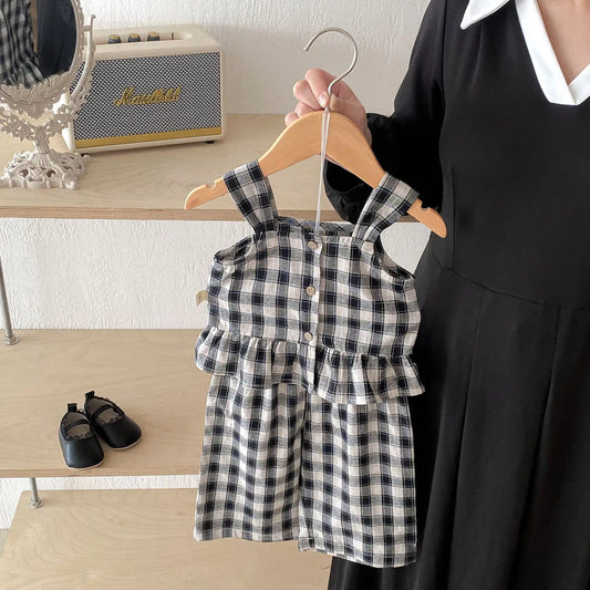 -キッズセットアップ 2点セット キャミソールペプラムブラウス+ワイドルーズパンツ チェック/ストライプ【mh0005480】 - mamahalo shop - ノースリーブセットアップ -  べビー服 - 子供服 - 男の子 - 女の子