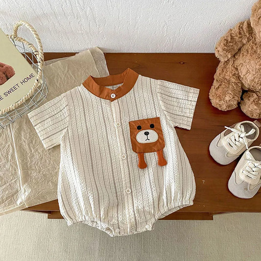 -ベビーロンパース 半袖ボディスーツ ノーカラーシャツ ベアくまポケット ストライプ【mh0006166】 - mamahalo shop - 半袖ロンパース -  べビー服 - 子供服 - 男の子 - 女の子