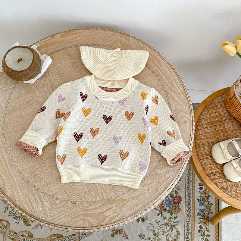 -ベビートップス カラフルハートニットセーター ベージュ【mh0007002】 - mamahalo shop - ニット・セーター -  べビー服 - 子供服 - 男の子 - 女の子