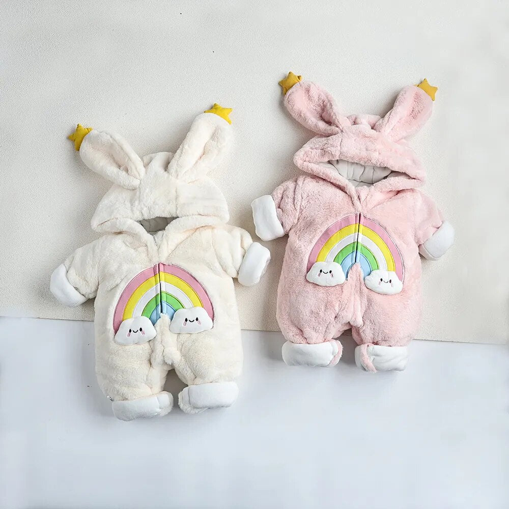 -ベビーアウタージャンプスーツ うさぎ バニー 耳付きフーディロンパース フリース ピンク ホワイト 2カラー ユニセックス 男の子 女の子 子供服 - mamahalo shop - アウタージャンプスーツ -  べビー服 - 子供服 - 男の子 - 女の子