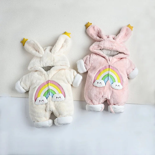 -ベビーアウタージャンプスーツ うさぎ バニー 耳付きフーディロンパース フリース ピンク ホワイト 2カラー ユニセックス 男の子 女の子 子供服 - mamahalo shop - アウタージャンプスーツ -  べビー服 - 子供服 - 男の子 - 女の子