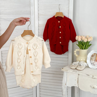 -ベビーカーディガン/ロンパース ニットジャケット/ニットサスペンダーボディスーツ 2カラー【mh0006458】 - mamahalo shop - ロンパースセットアップ -  べビー服 - 子供服 - 男の子 - 女の子