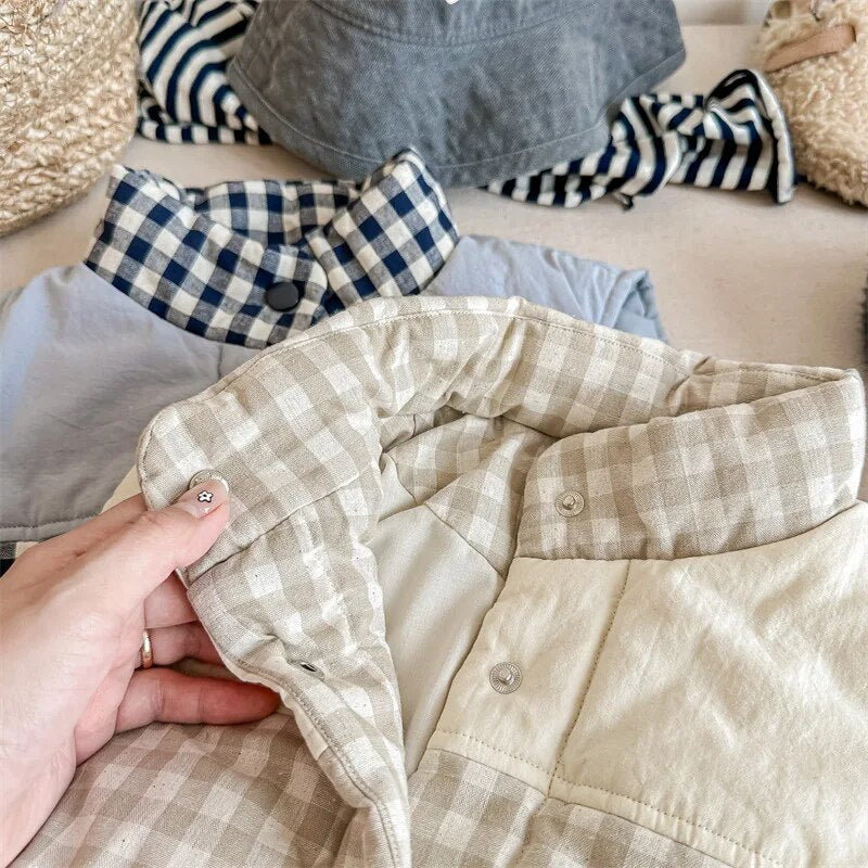 -キッズベスト アウター チェック ジャケット ブルー ネージュ 2カラー ボーイズ 男の子 子供服 - mamahalo shop - ベスト -  べビー服 - 子供服 - 男の子 - 女の子