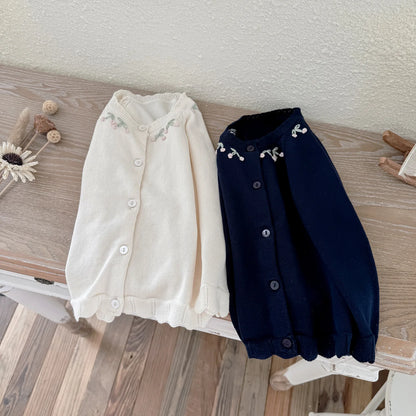 -キッズカーディガン フラワー花柄刺繍ワンポイントニットジャケット 2カラー - mamahalo shop - カーディガン・パーカー -  べビー服 - 子供服 - 男の子 - 女の子