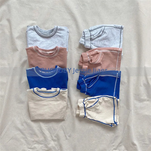 -キッズセットアップ 2点セット 半袖Tシャツ+ショートパンツ ステッチアクセント シンプルベーシック【mh0005669】 - mamahalo shop - 半袖セットアップ -  べビー服 - 子供服 - 男の子 - 女の子