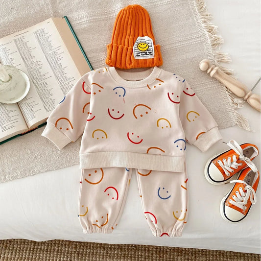 -ベビーキッズセットアップ 2点セット スウェットシャツ パンツ カラフルスマイルプリント - mamahalo shop - 長袖セットアップ -  べビー服 - 子供服 - 男の子 - 女の子