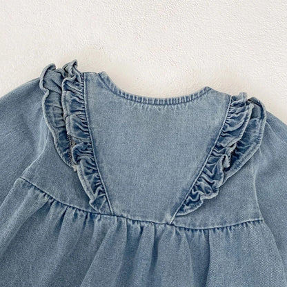 -キッズワンピース デニムフリルアクセント長袖ワンピース【mh0006985】 - mamahalo shop - 長袖ワンピース -  べビー服 - 子供服 - 男の子 - 女の子