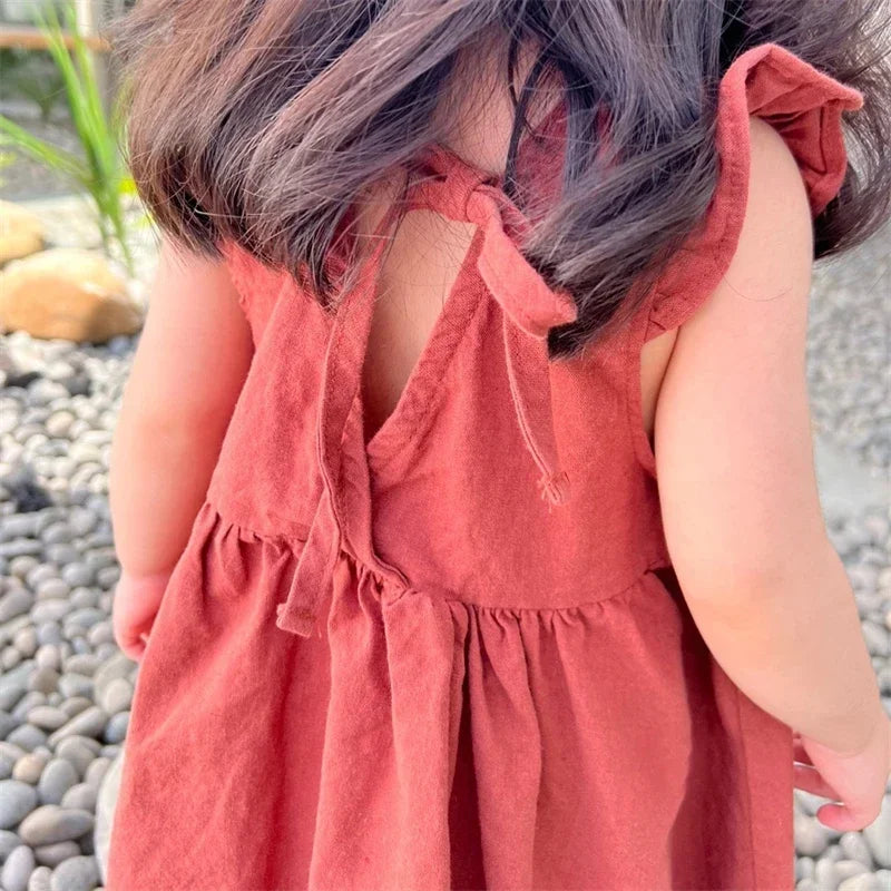-キッズワンピース ノースリーブバックオープンフリルサマードレス 2カラー【mh0005832】 - mamahalo shop - ノースリーブワンピース -  べビー服 - 子供服 - 男の子 - 女の子