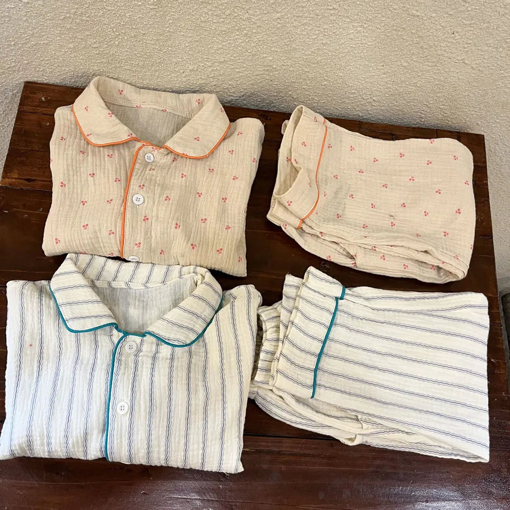 -キッズパジャマ 長袖パジャマセット 長袖ブラウス ロングパンツ ストライプ フラワー花柄プリント【mh0003665】 - mamahalo shop - 長袖パジャマ -  べビー服 - 子供服 - 男の子 - 女の子