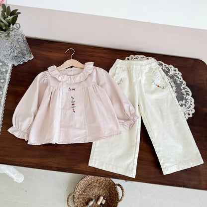 -キッズトップス サークルフリル襟刺繍ワンポイント長袖チュニックブラウス 2カラー【mh0006742】 - mamahalo shop - 長袖シャツ・ブラウス -  べビー服 - 子供服 - 男の子 - 女の子