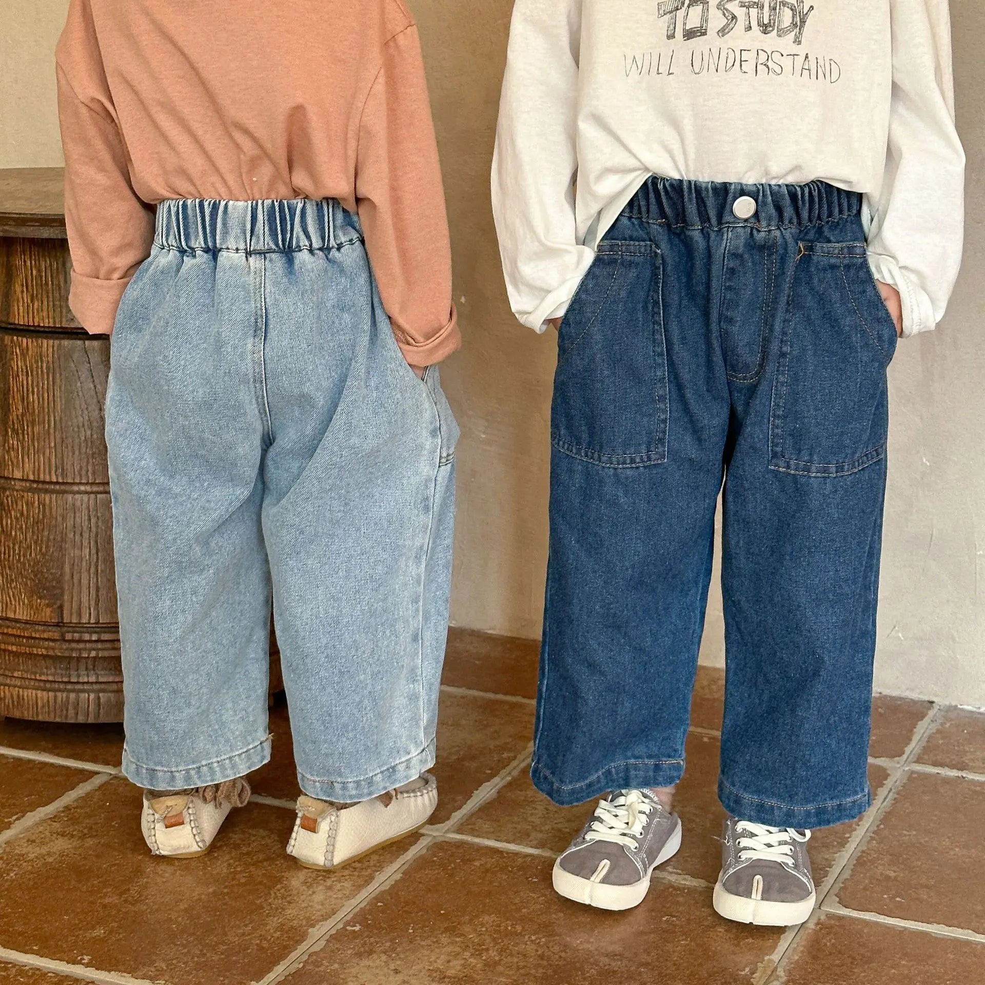 -キッズパンツ デニムルーズワイドパンツ シンプルベーシックジーンズ 2カラー - mamahalo shop - デニムパンツ -  べビー服 - 子供服 - 男の子 - 女の子