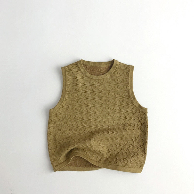 -キッズ レースニット 透け感 タンクトップ ベスト トップス キャメル ベージュ グリーン ユニセックス【mh0002077】 - mamahalo shop - タンクトップ・キャミソール・ノースリーブトップス -  べビー服 - 子供服 - 男の子 - 女の子