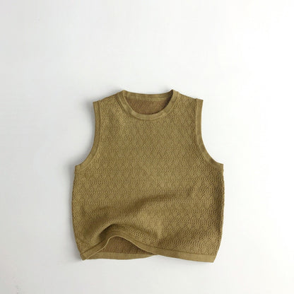 -キッズ レースニット 透け感 タンクトップ ベスト トップス キャメル ベージュ グリーン ユニセックス【mh0002077】 - mamahalo shop - タンクトップ・キャミソール・ノースリーブトップス -  べビー服 - 子供服 - 男の子 - 女の子