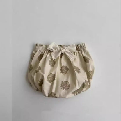 -ベビーセットアップ 2点セット ローズフラワープリント長袖チュニックブラウス+リボン付きブルマパンツ アプリコット【mh0006716】 - mamahalo shop - 長袖セットアップ -  べビー服 - 子供服 - 男の子 - 女の子