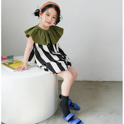 -キッズ ストライプ セットアップ フリルカラー 半袖 ブラウス バルーン ショートパンツ - mamahalo shop - ノースリーブセットアップ -  べビー服 - 子供服 - 男の子 - 女の子