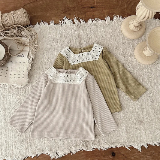 -ベビートップス レーススクエアネック長袖Tシャツカットソー 2カラー【mh0006700】 - mamahalo shop - 長袖Tシャツ -  べビー服 - 子供服 - 男の子 - 女の子