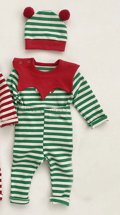 -ベビーセットアップ 3点セット ボーダー 長袖Tシャツ パンツ スタイつけ襟 クリスマスカラー グリーン レッド ユニセックス 男の子 女の子 子供服 - mamahalo shop - 長袖セットアップ -  べビー服 - 子供服 - 男の子 - 女の子