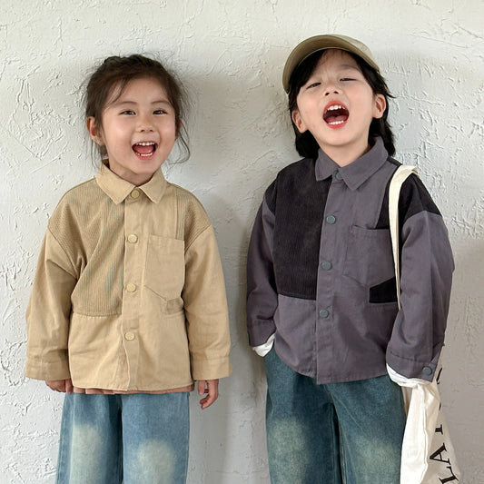 -キッズトップス パッチワーク長袖オーバーシャツ 2カラー【mh0007052】 - mamahalo shop - 長袖シャツ・ブラウス -  べビー服 - 子供服 - 男の子 - 女の子