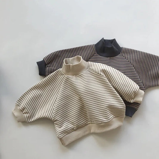 -キッズスウェットシャツ ボーダープリント 裏フリース ハイネック スタンドカラートレーナー プルオーバー 2カラー ユニセックス 男の子 女の子 子供服 - mamahalo shop - トレーナー・フーディ -  べビー服 - 子供服 - 男の子 - 女の子