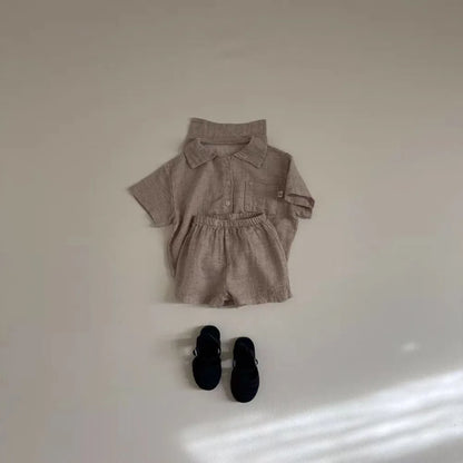 -キッズセットアップ 2点セット 半袖シャツ+ショートパンツ レトロ 無地/チェック 2カラー【mh0005461】 - mamahalo shop - 半袖セットアップ -  べビー服 - 子供服 - 男の子 - 女の子