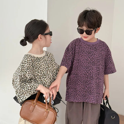 キッズトップス レオパードヒョウ柄プリント半袖Tシャツ - mamahalo shop - 半袖Tシャツ -  べビー服 - 子供服 - 男の子 - 女の子