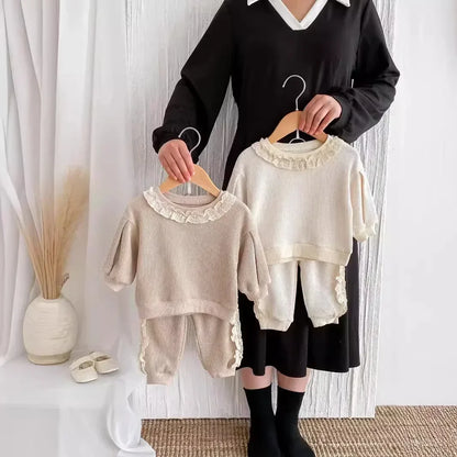 -ベビーキッズセットアップ 2点セット レースフリル長袖Tシャツ+サイドレースフリルロングパンツ 2カラー - mamahalo shop - 長袖セットアップ -  べビー服 - 子供服 - 男の子 - 女の子