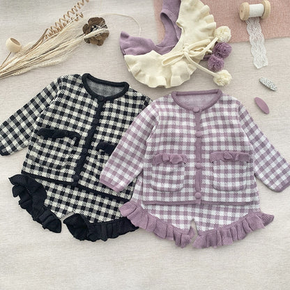-ベビー キッズ チェック セットアップ ニット セーター フリル ショートパンツ つけ襟 セット ブラック パープル ガールズ - mamahalo shop - 長袖セットアップ -  べビー服 - 子供服 - 男の子 - 女の子