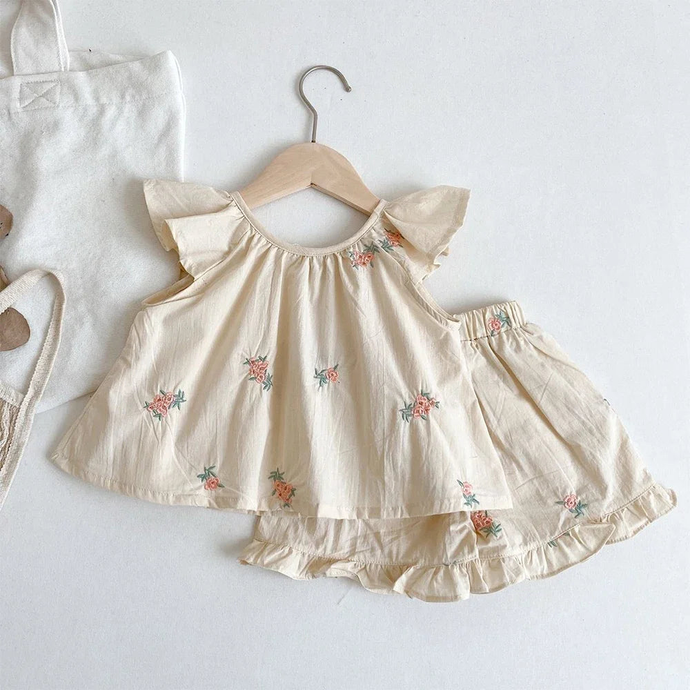 -キッズセットアップ 2点セット キャップスリーブチュニックブラウス+フリルショートパンツ フラワー花柄刺繍【mh0006090】 - mamahalo shop - 半袖セットアップ -  べビー服 - 子供服 - 男の子 - 女の子